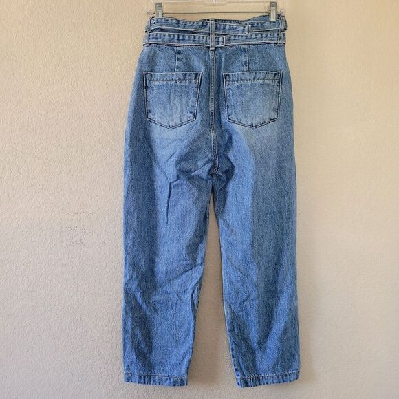 Womens High Rise Barrel Baggy Crop Jeans Sz 8 Blue Belted Pleated Balloon Korean - Picture 8 of 8